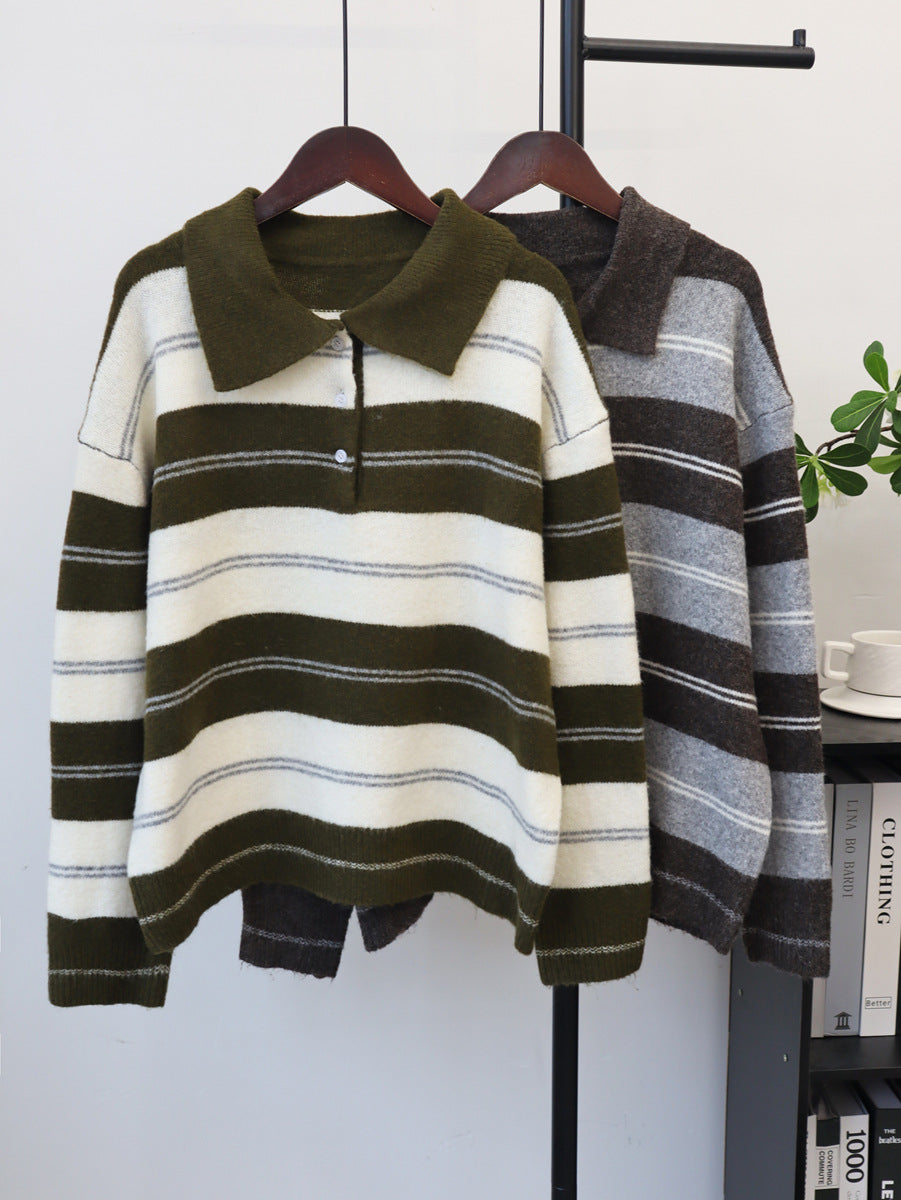 Women’s collared striped knit pullover with olive, cream, and dark gray horizontal bands.