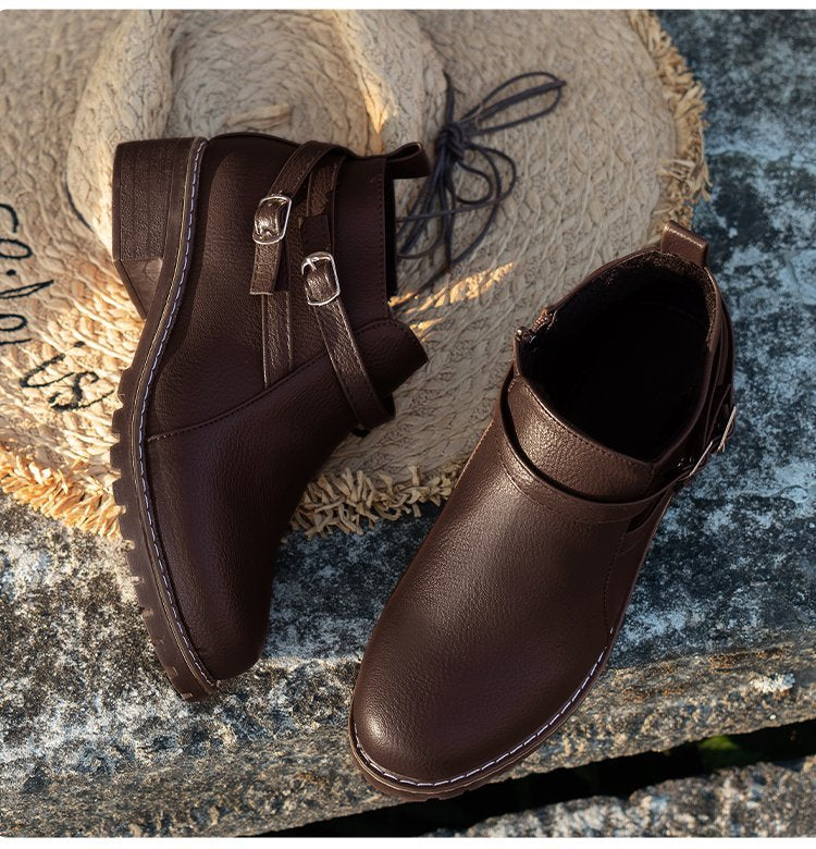 Leather Ankle Boots for Women — Low Block Heel Booties with Buckle Straps