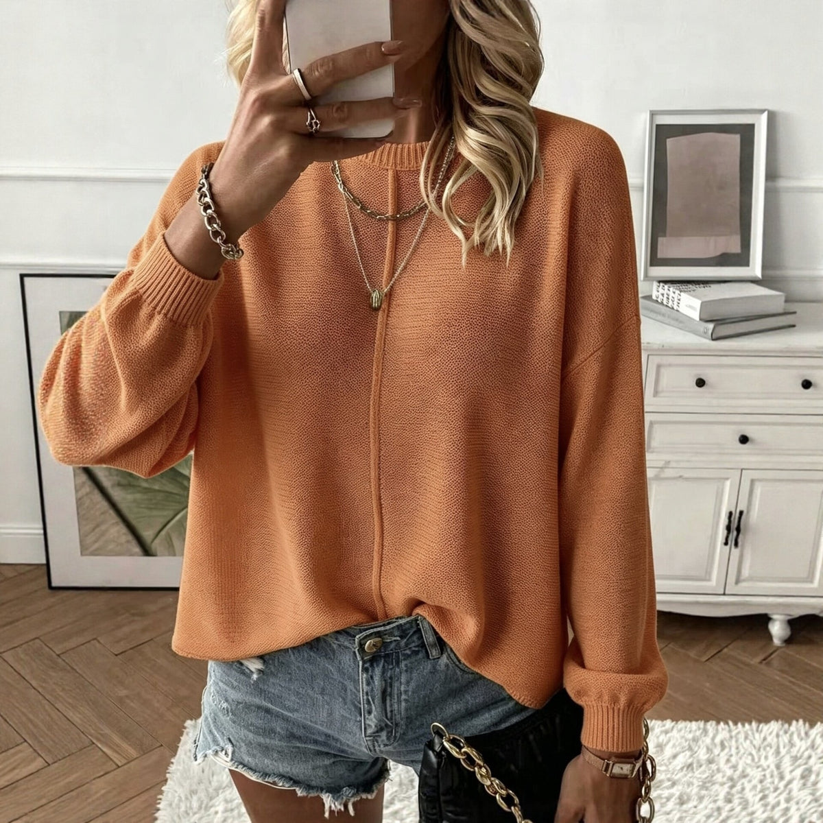 Oversized Knit Sweater for Women — Round Neck Drop Shoulder Pullover in Soft Cotton