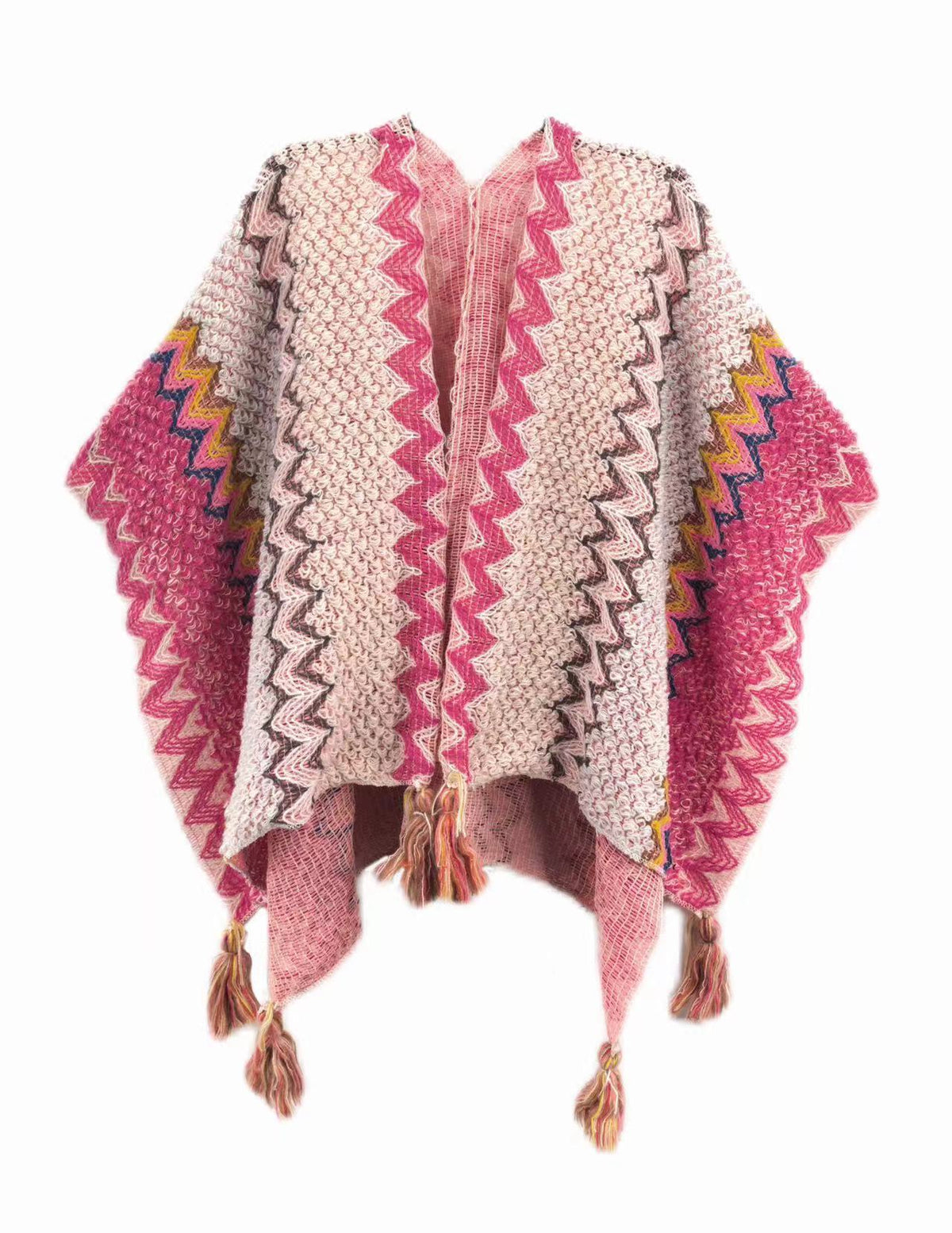 Pink and cream knitted shawl with magenta zigzag trim and long tassel fringe