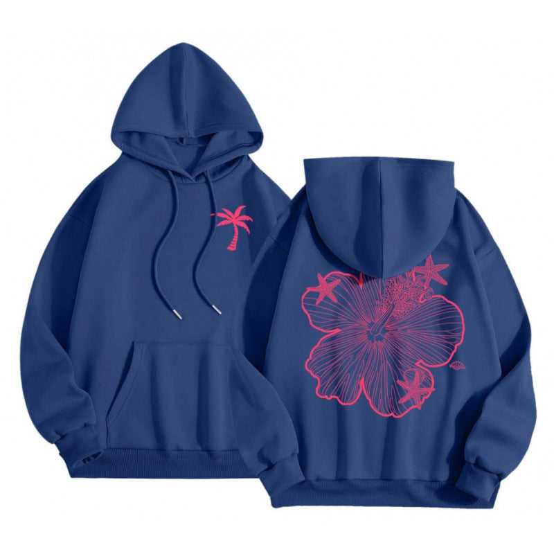 Hibiscus Print Hoodie for Women — Oversized Beach Pullover in Cotton Fleece
