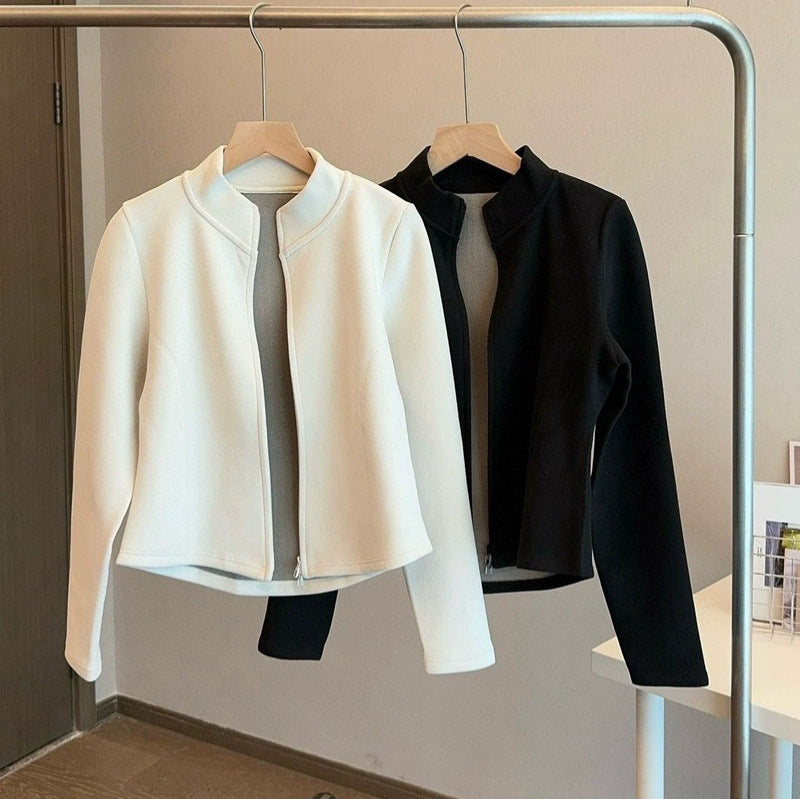 Zip-up stand-collar knit cardigan on hangers, off-white and black