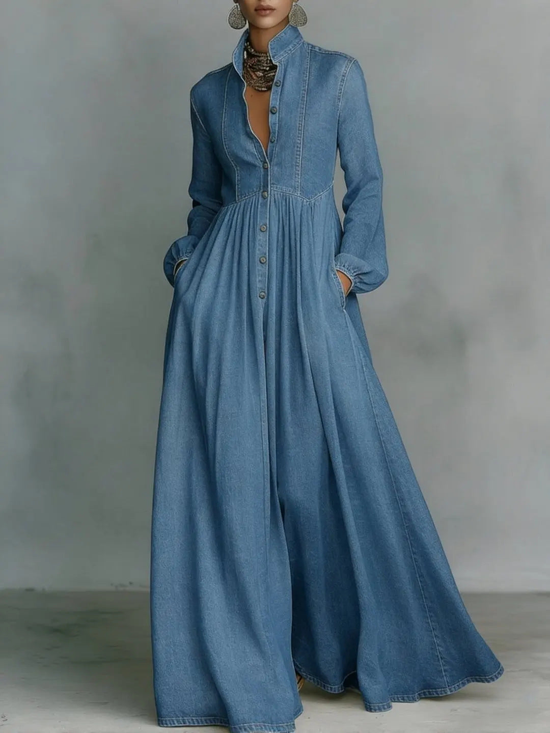 Light blue long denim maxi dress with V-neck, button front, long sleeves, gathered waist