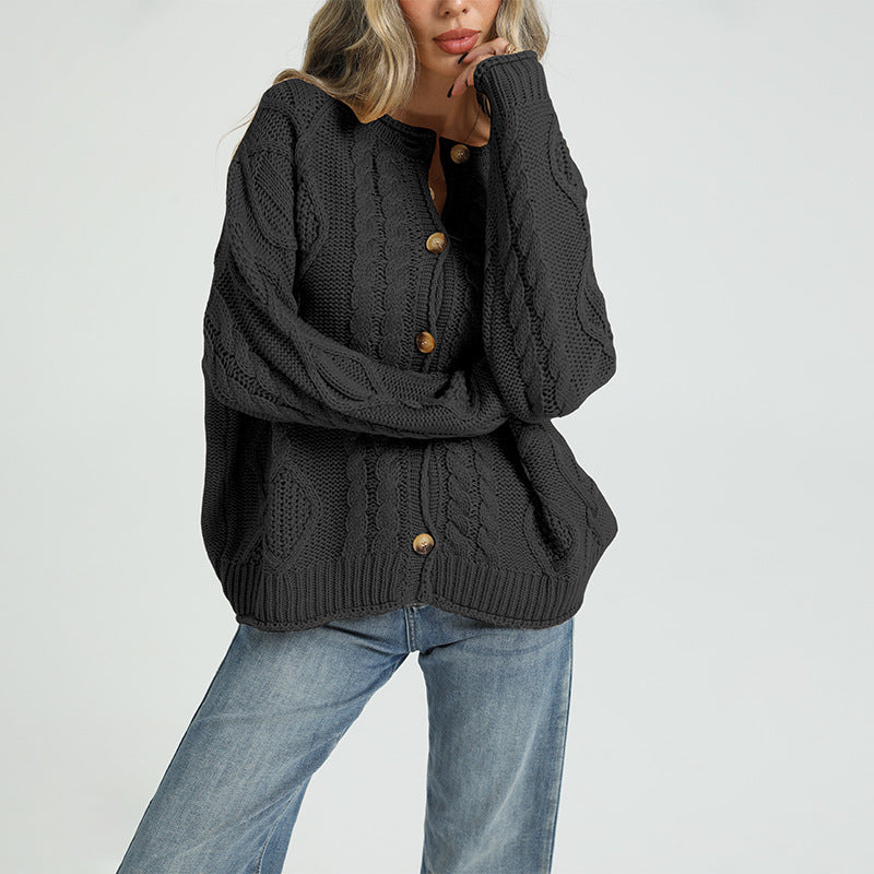 Women’s cable-knit button cardigan in black, loose fit, long sleeves