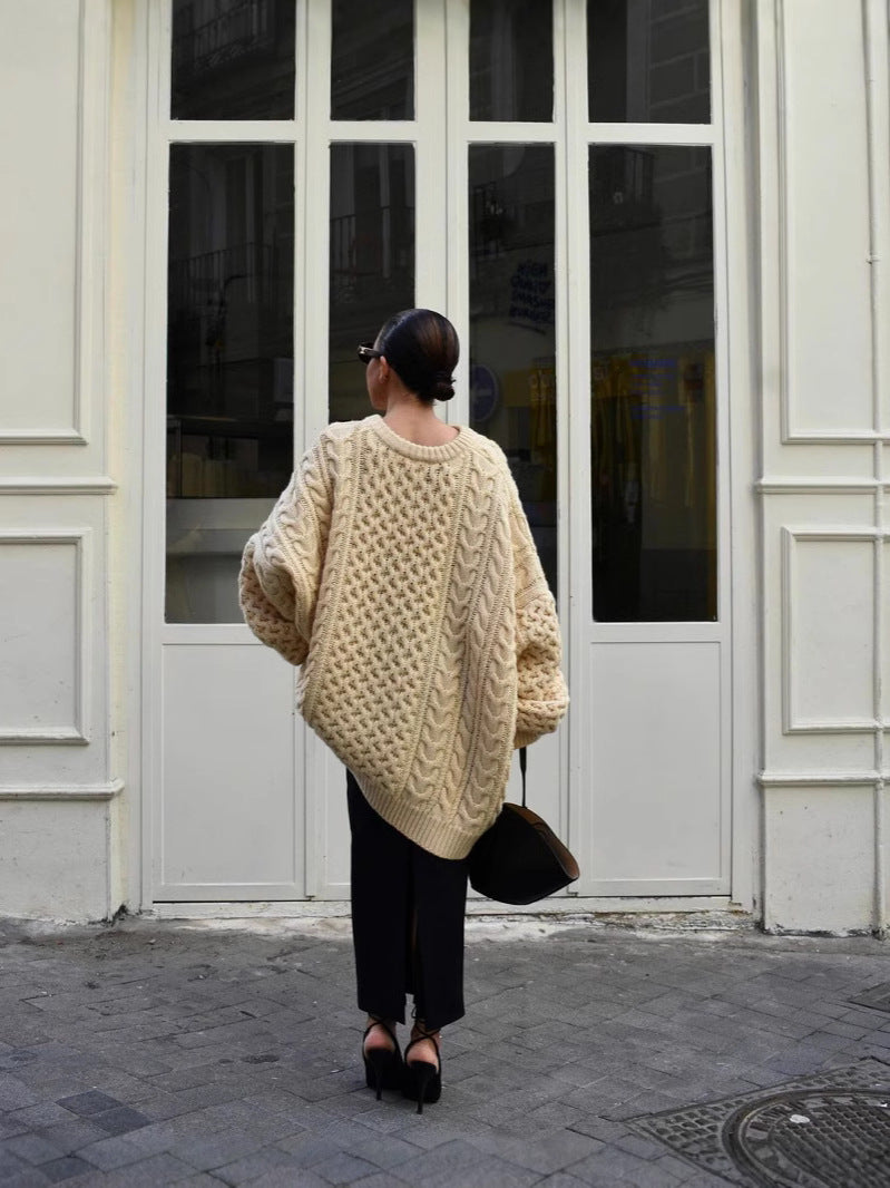 Beige cable-knit turtleneck sweater, long sleeves, cable-knit back detail