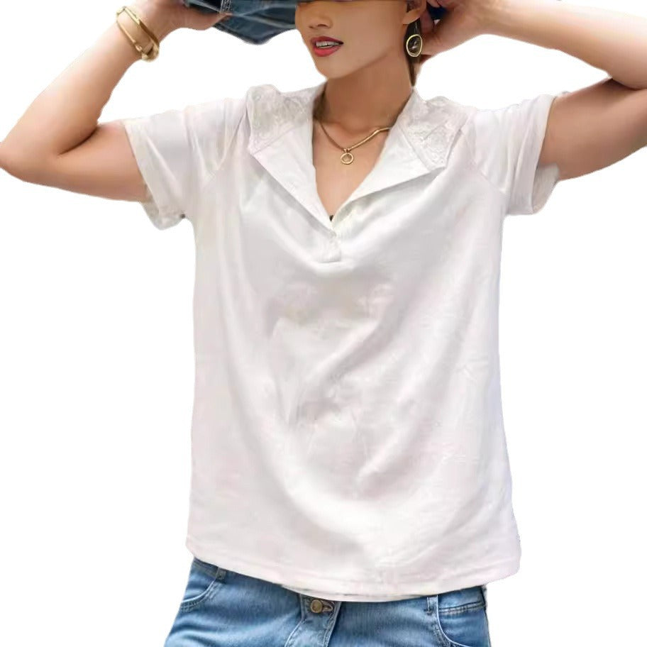 White hoodie sweatshirt with short sleeves and V-neck snap placket, relaxed fit