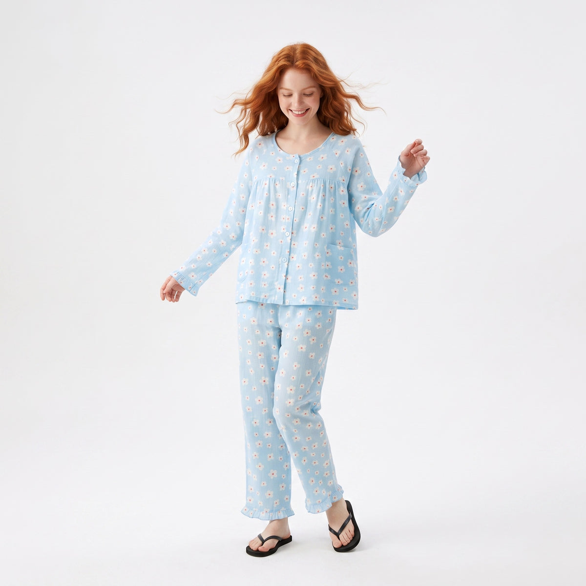 Women’s floral cotton pajama set, light blue long raglan cardigan top and pants