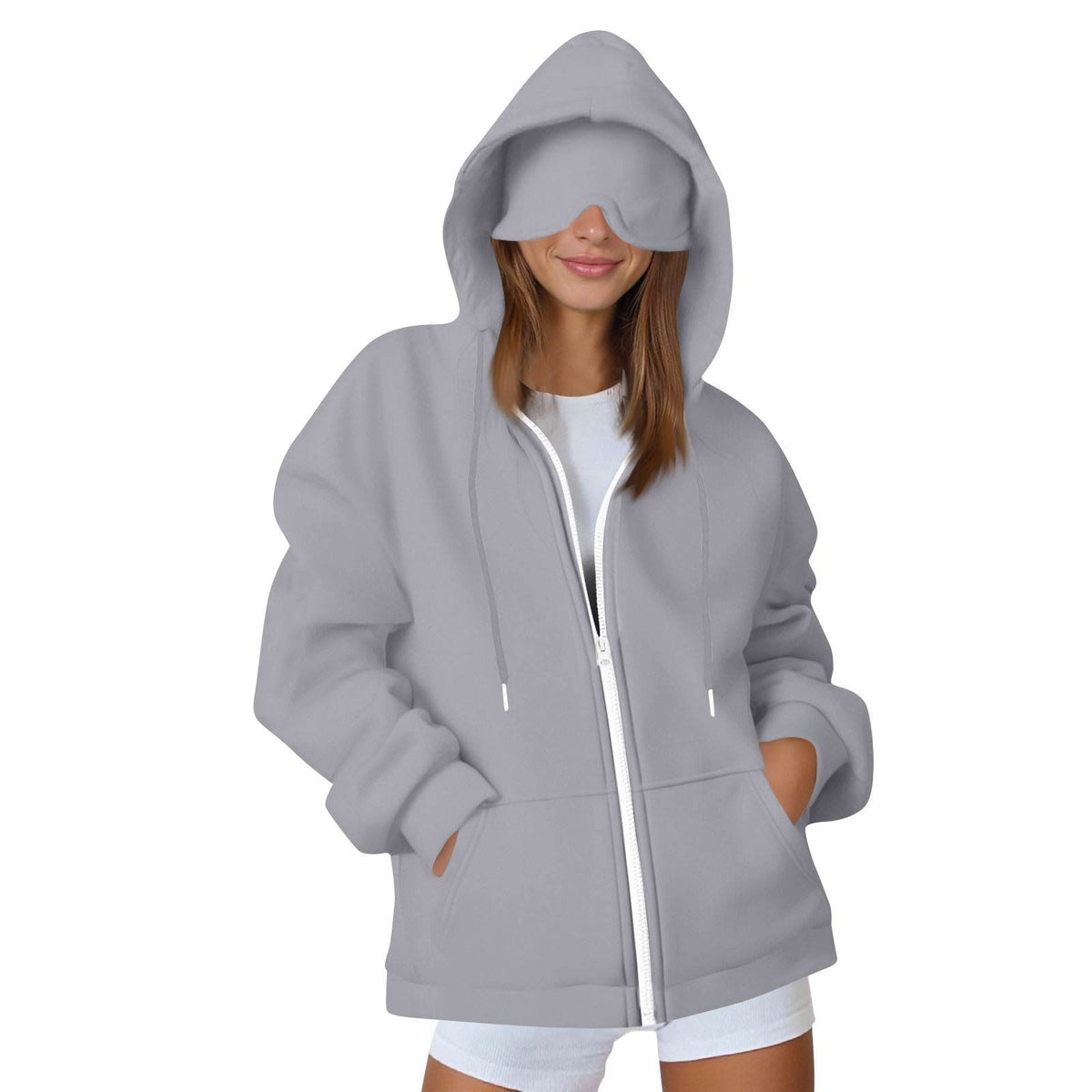 Women\'s zip-up hooded sweatshirt jacket in light gray, full front zipper, side pockets