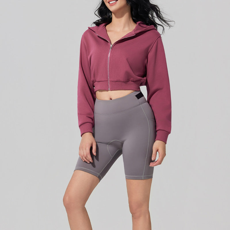 Women’s purple zip-front hooded crop sweatshirt jacket with front kangaroo pocket