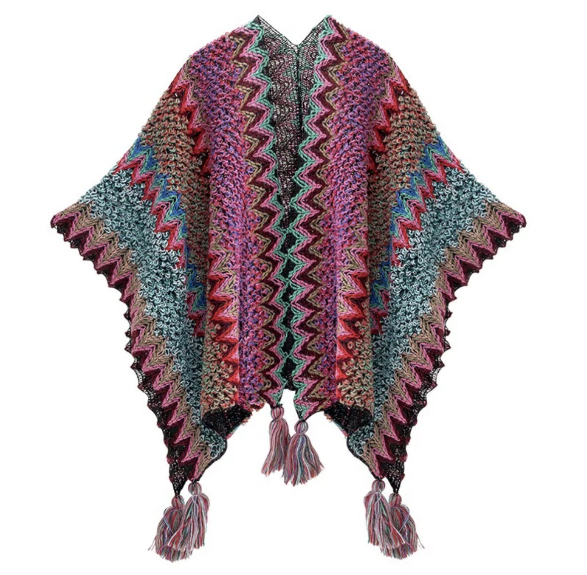 Purple and teal knitted shawl with multicolor zigzag stripes and tassel fringe