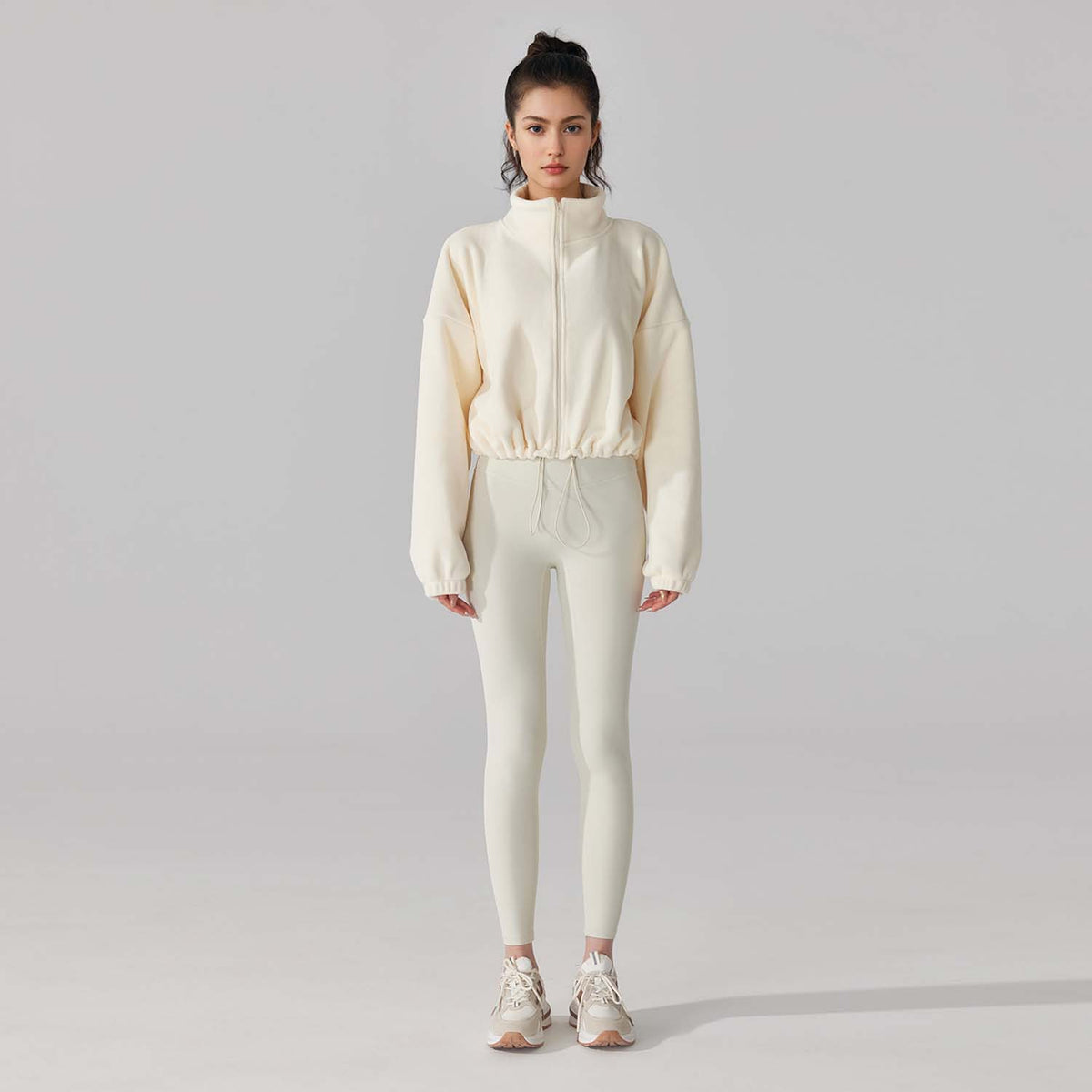 Cropped Fleece Jacket for Women — Zip Up Stand Collar with Drawstring Hem