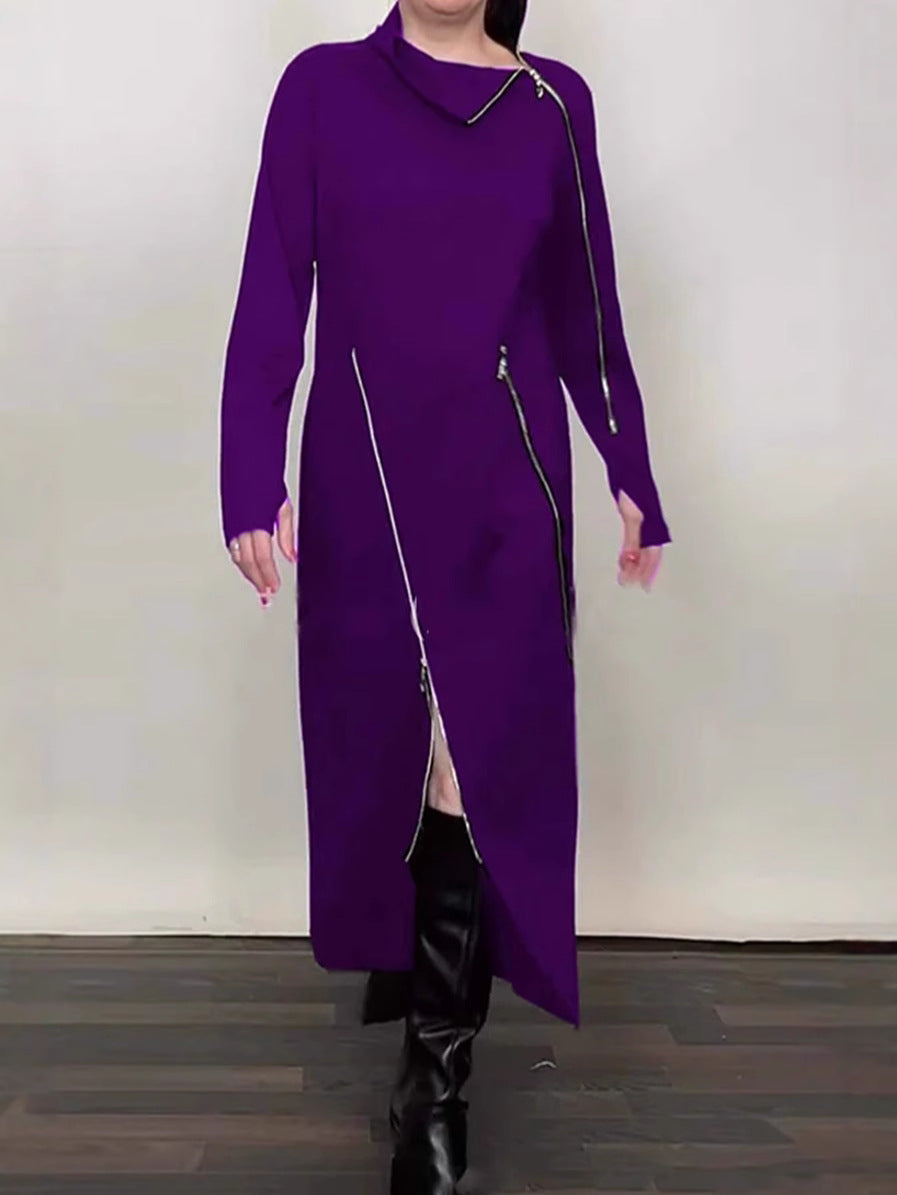 Long Sleeve Knit Midi Dress — High Funnel Neck with Asymmetric Zip Detail and Side Slit