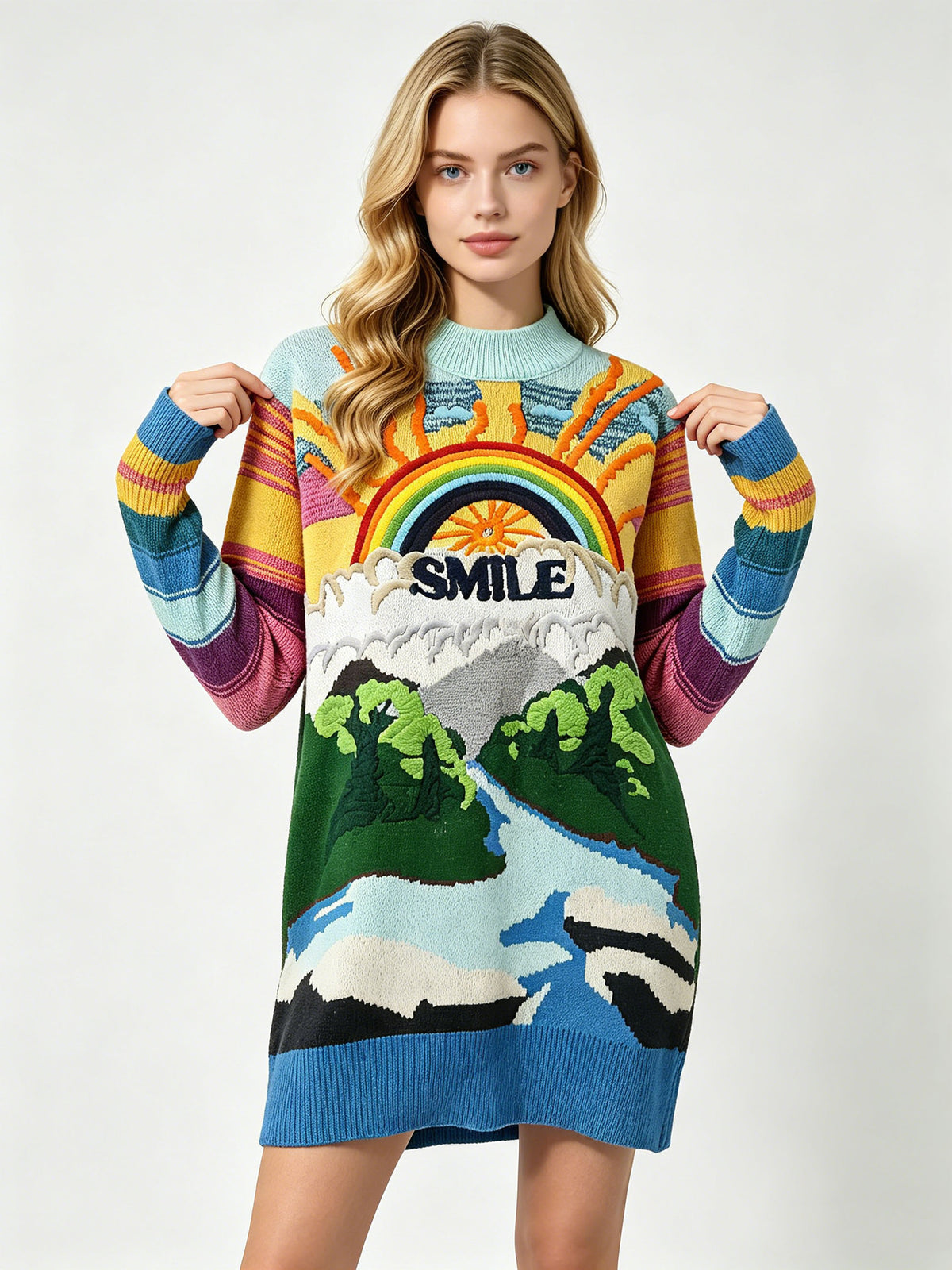 Women's sky-blue knit sweater dress with rainbow landscape 'Smile' graphic, relaxed fit