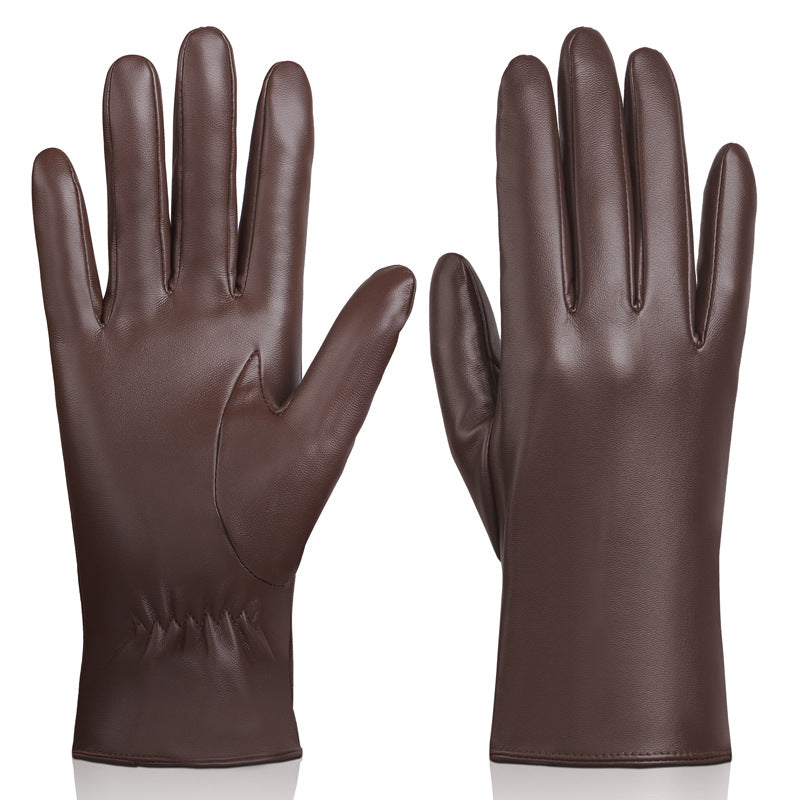 Brown fleece-lined PU leather gloves with smooth finish and stitched finger seams.