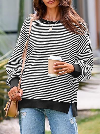 Oversized Waffle Knit Sweatshirt for Women — Striped Drop Shoulder Pullover in Cotton