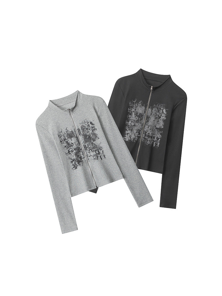 Zip-up long-sleeve tops in black and gray with stand collar and abstract front print