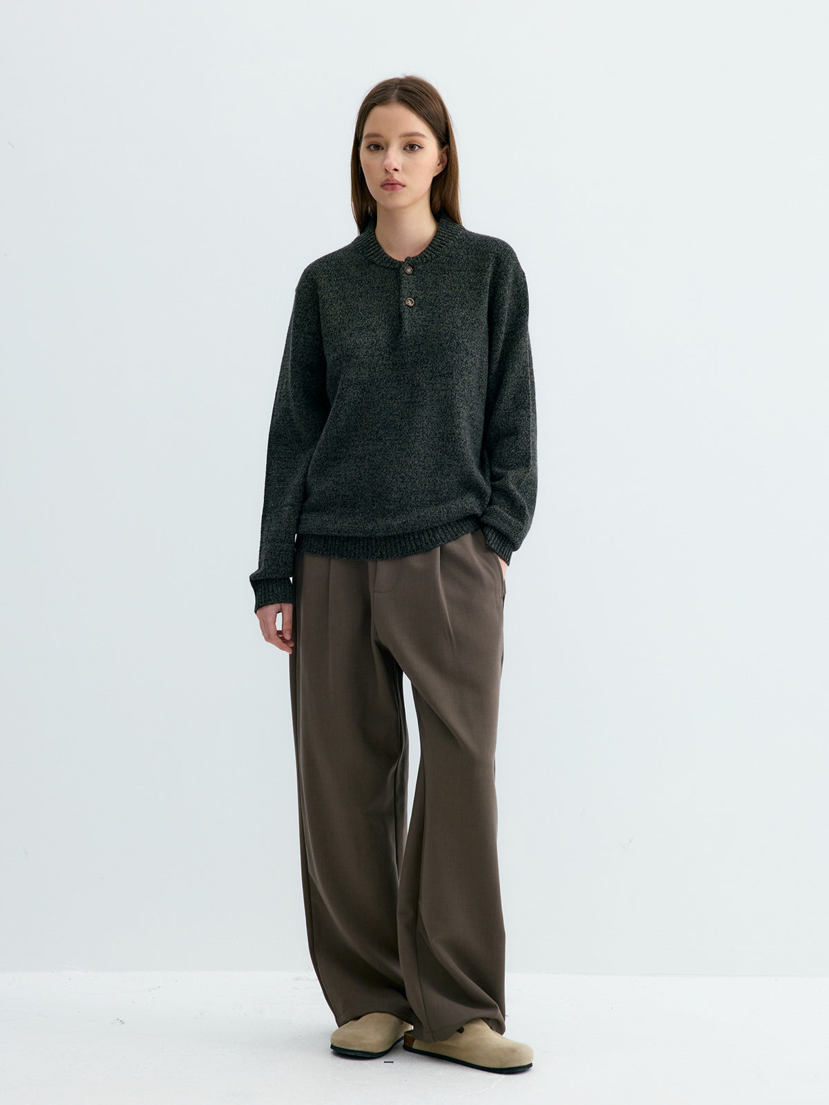 Wool knit baseball-collar sweater with two-button placket, dark textured fabric