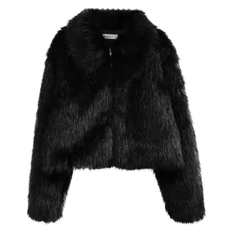 Women’s faux fur jacket, long sleeves, zip front, black shaggy, stand collar