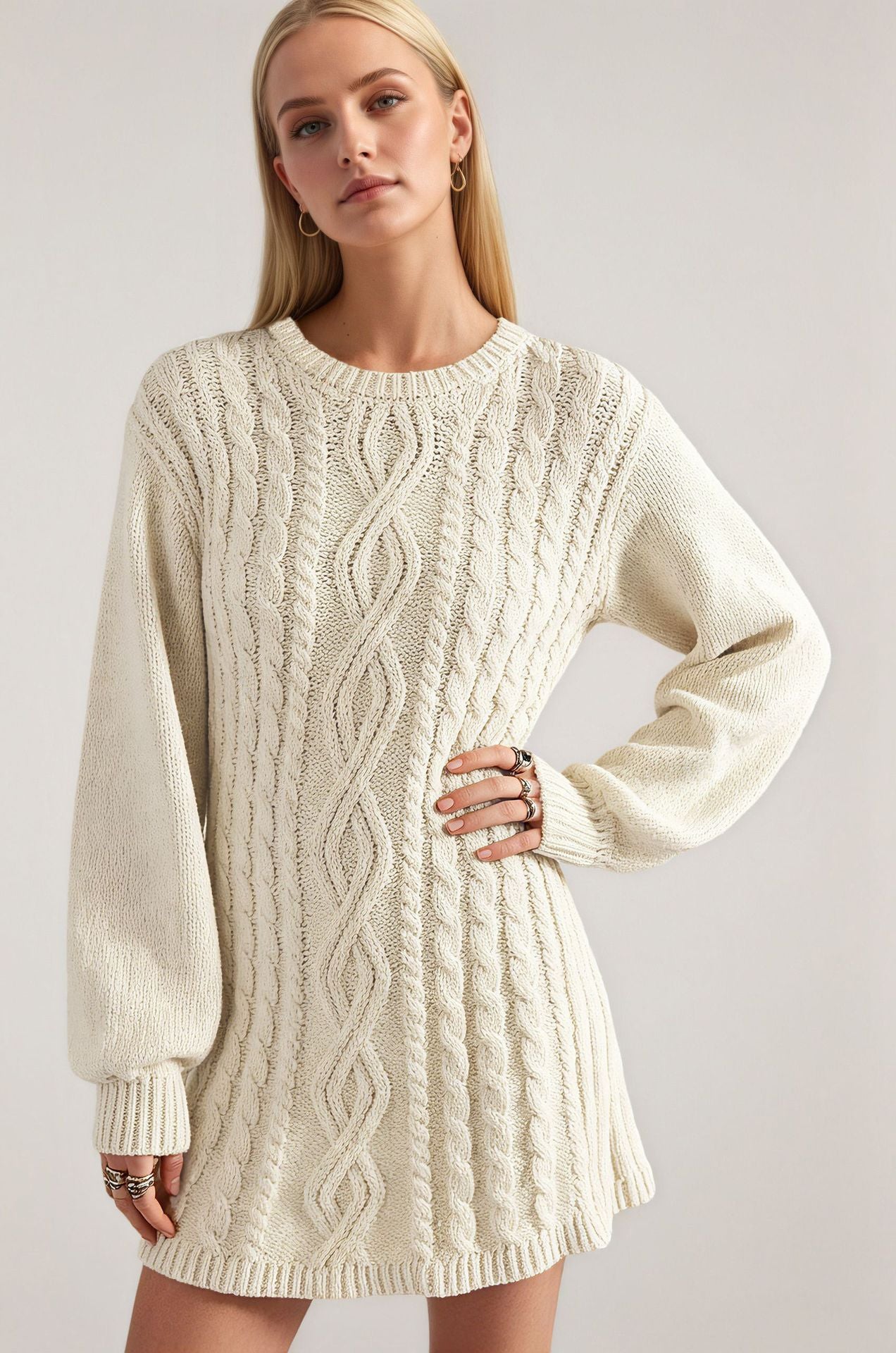Cable Knit Sweater Dress in a Mini Length — Balloon Sleeve Crew Neck Flared Style