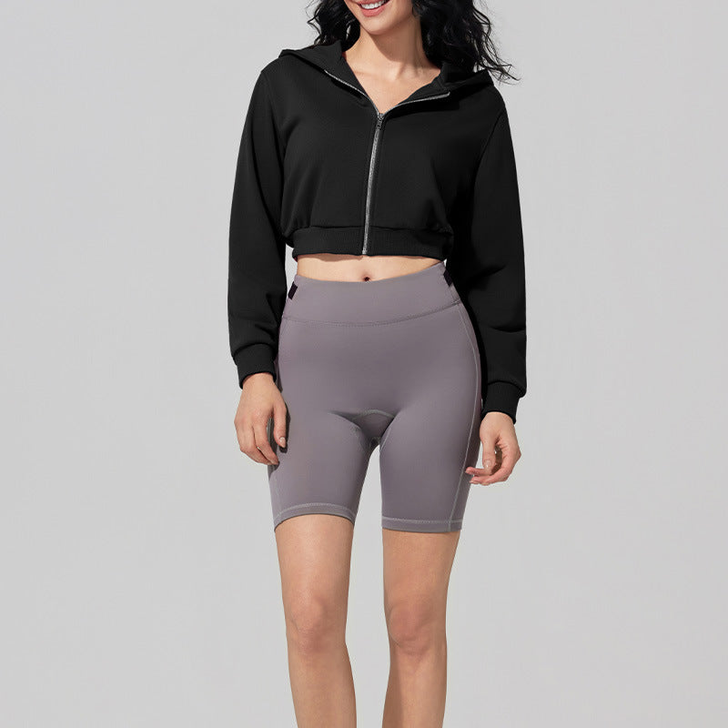 Women’s black zip-front hooded crop sweatshirt jacket with kangaroo pocket