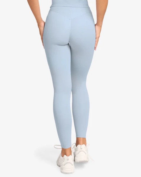 Women's light blue high-waist tummy control running leggings, full-length skinny fit
