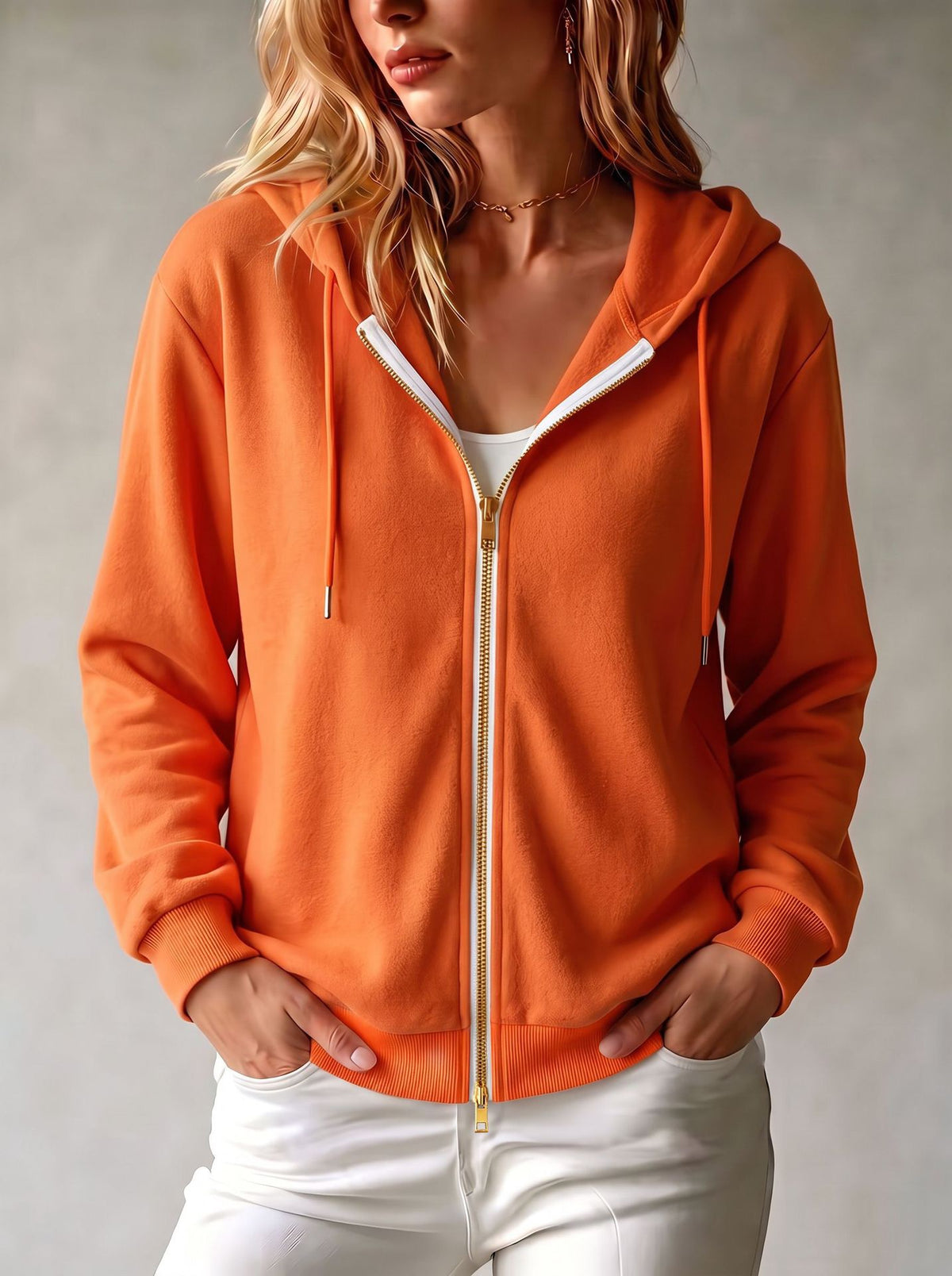 Women's orange knit hooded zip-up cardigan with drawstrings and front pockets