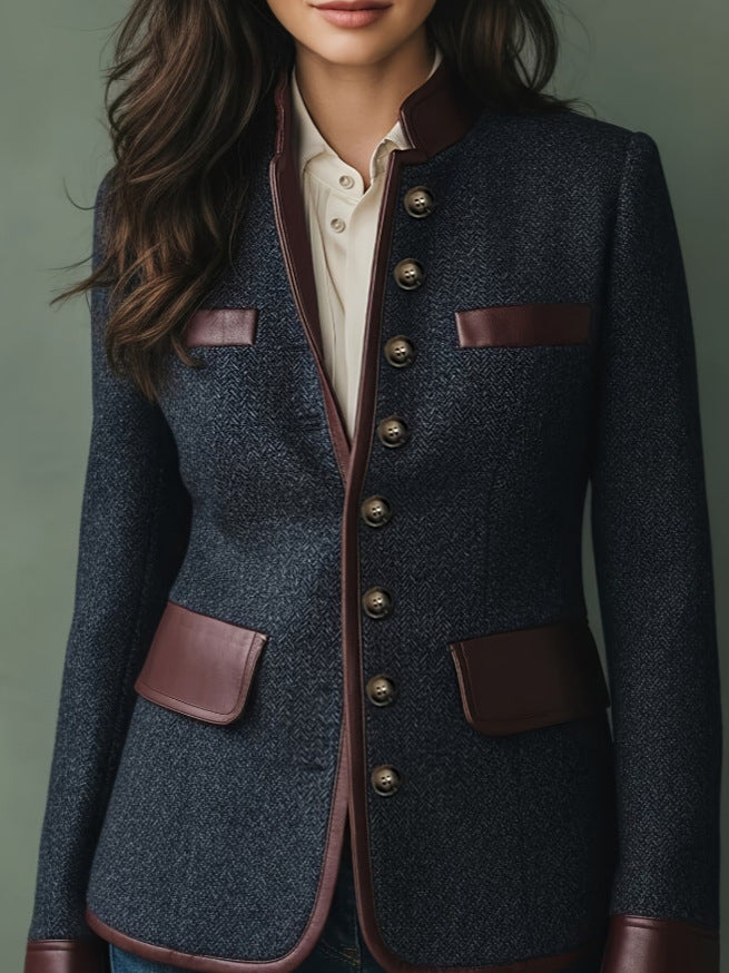 Tweed Blazer for Women — Herringbone Style with Contrast Trim and Stand Collar