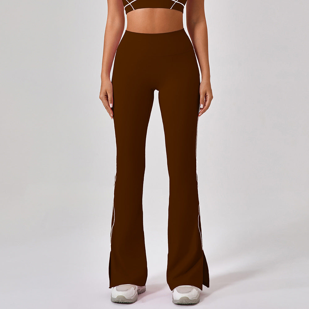 Women’s high-waist split bell yoga pants, dark brown, snug fit