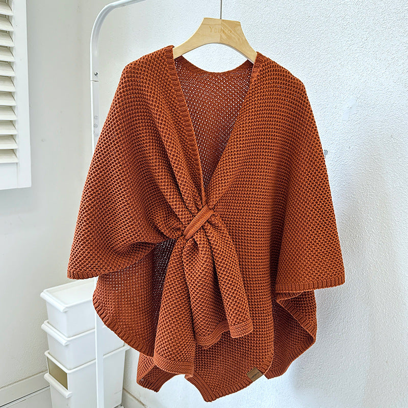 Poncho Shawl Wrap for Women — Open Weave Cape with Twist Front Detail in Soft Knit