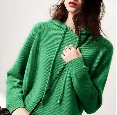 Women’s hooded knit sweater in green, pullover with drawstring and front pocket