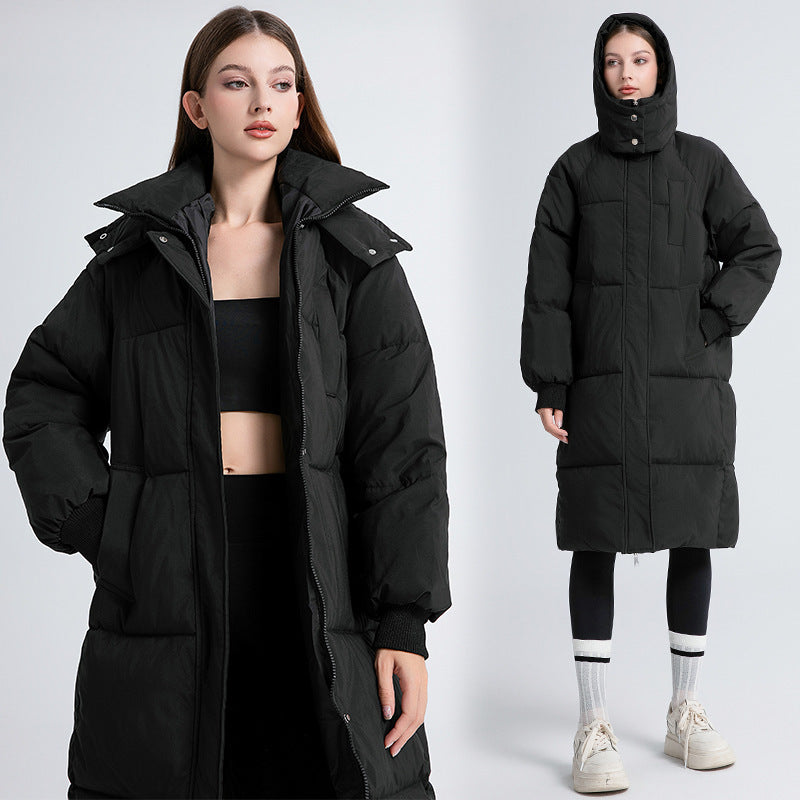 Women’s long hooded puffer cotton coat in black, zip front, oversized stand collar.