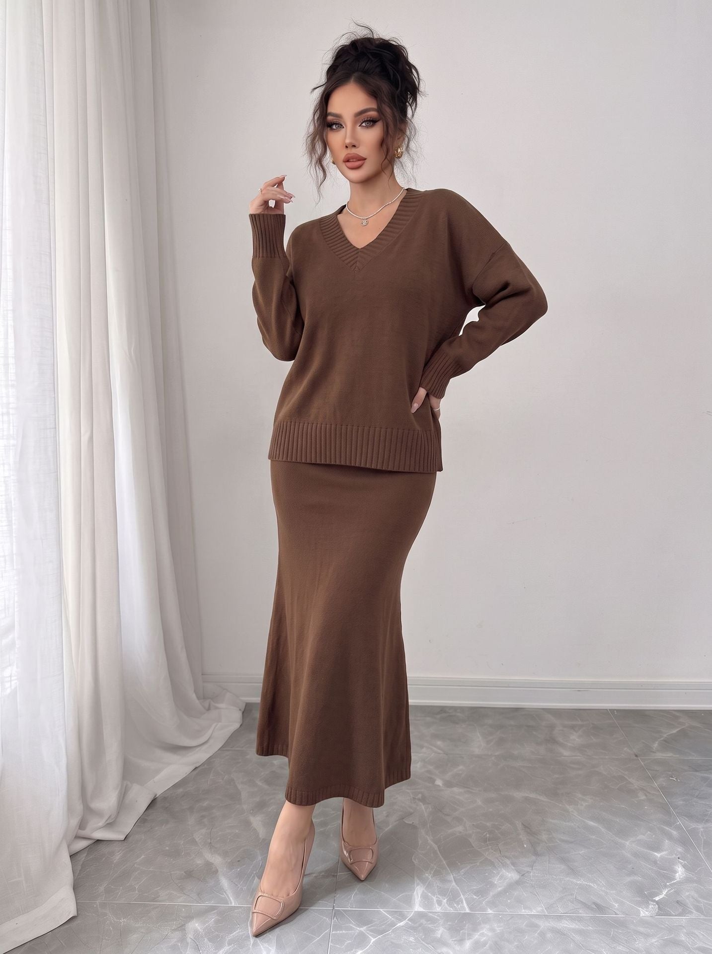 Sweater and Maxi Skirt Set — Two Piece V Neck Knit Outfit with Fishtail Hem in Merino Wool