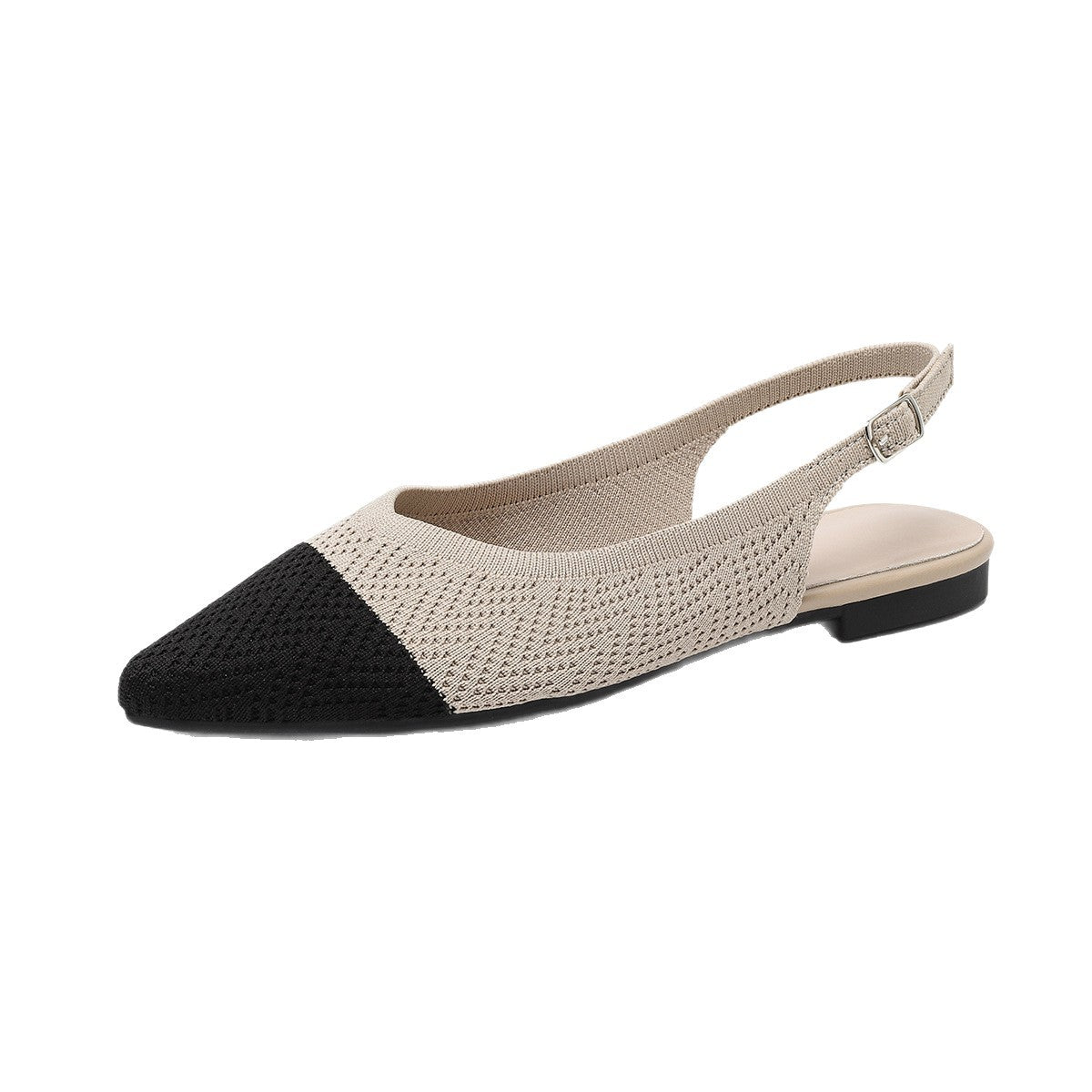 Two-tone apricot and black pointed-toe slingback sandals with low thick heel