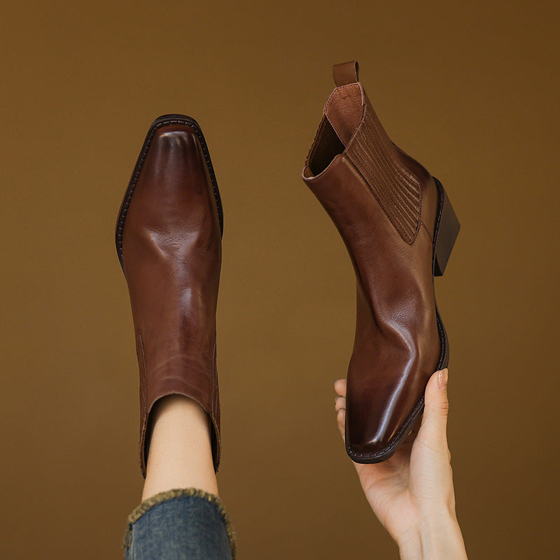 Brown leather Chelsea boots with square toe and thick heel, back and side view