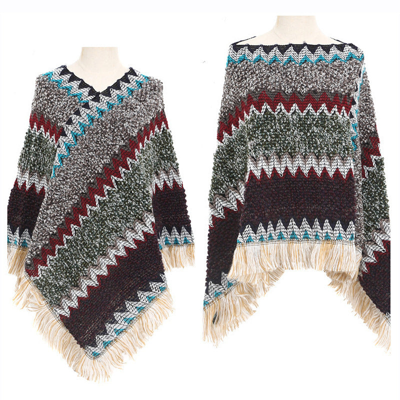 Knit Poncho for Women — Chevron Fringe Trim with Boho V Neck Drape in Soft Wool