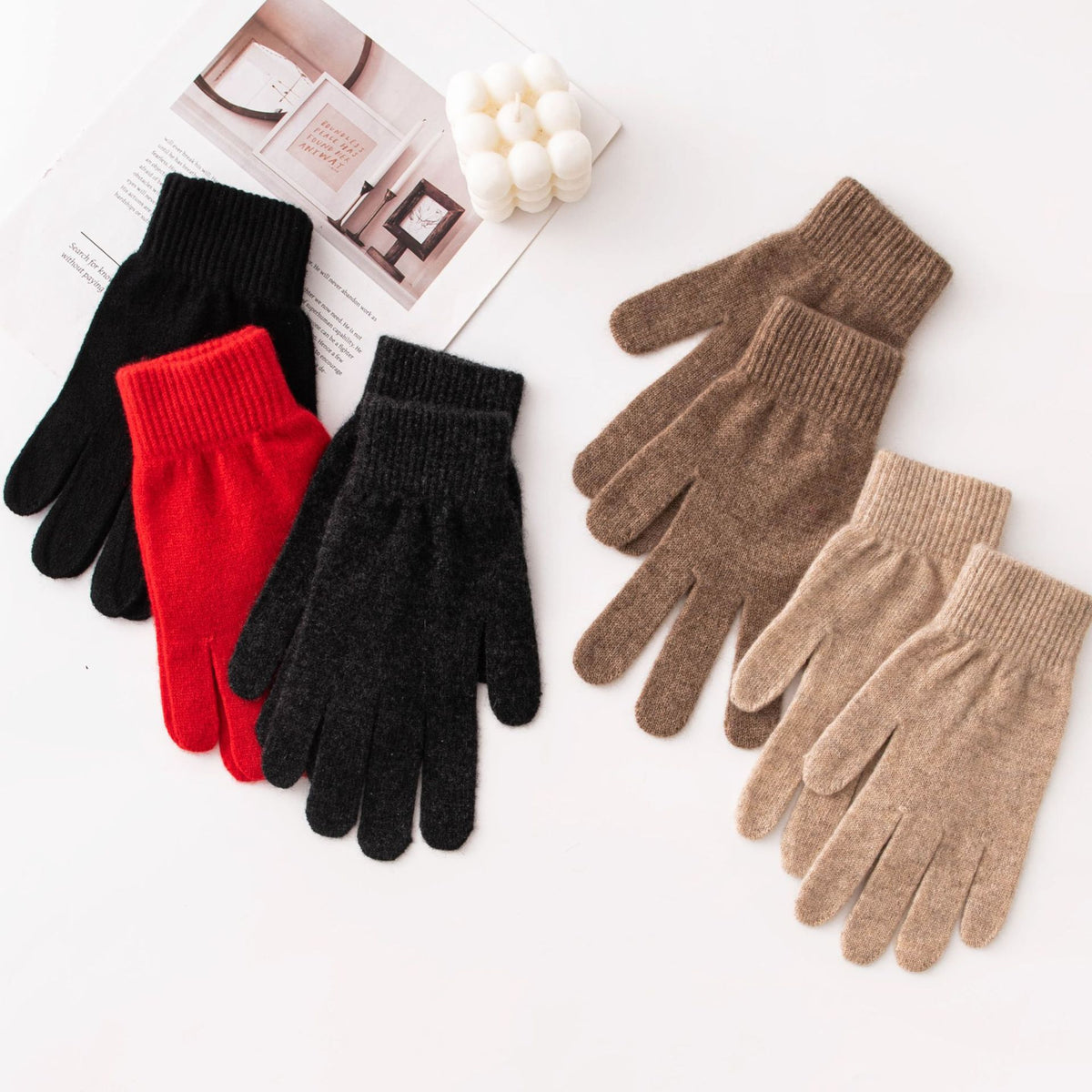 Knitted winter gloves in black, red, charcoal, brown, and tan, arranged as color options.