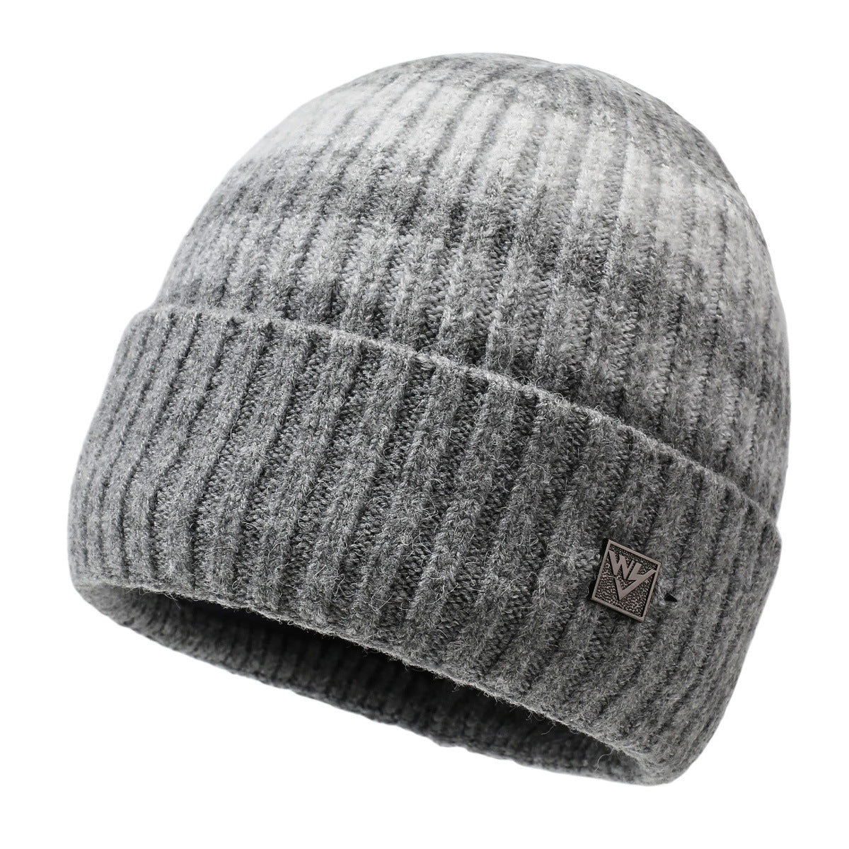 Gray plaid ribbed knit beanie with subtle stripe pattern and small logo patch