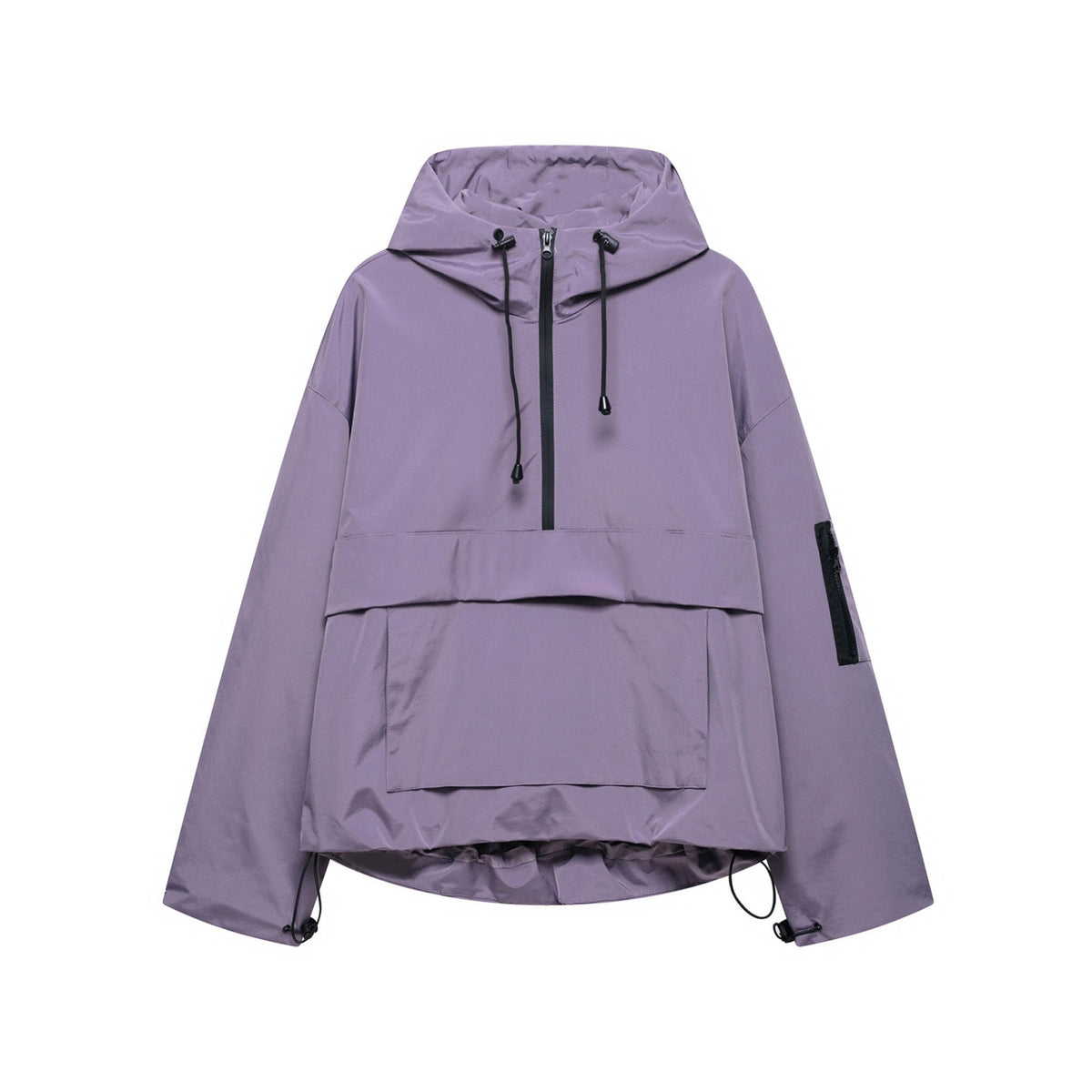 Women’s hooded windproof jacket in purple with adjustable drawstring hood and zipper front