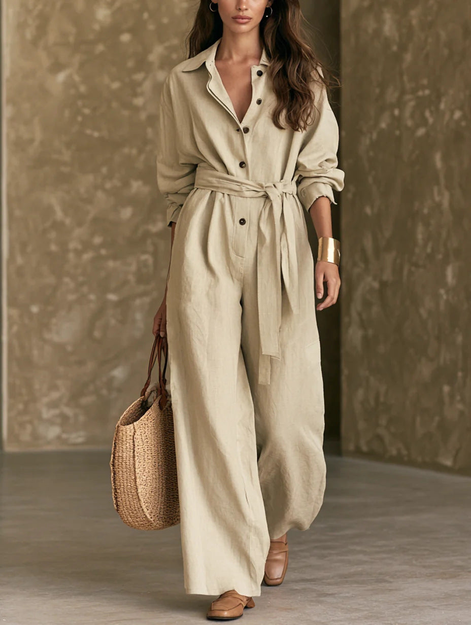 Women's khaki jumpsuit with turn-down collar, button front, waist tie, wide-leg pants