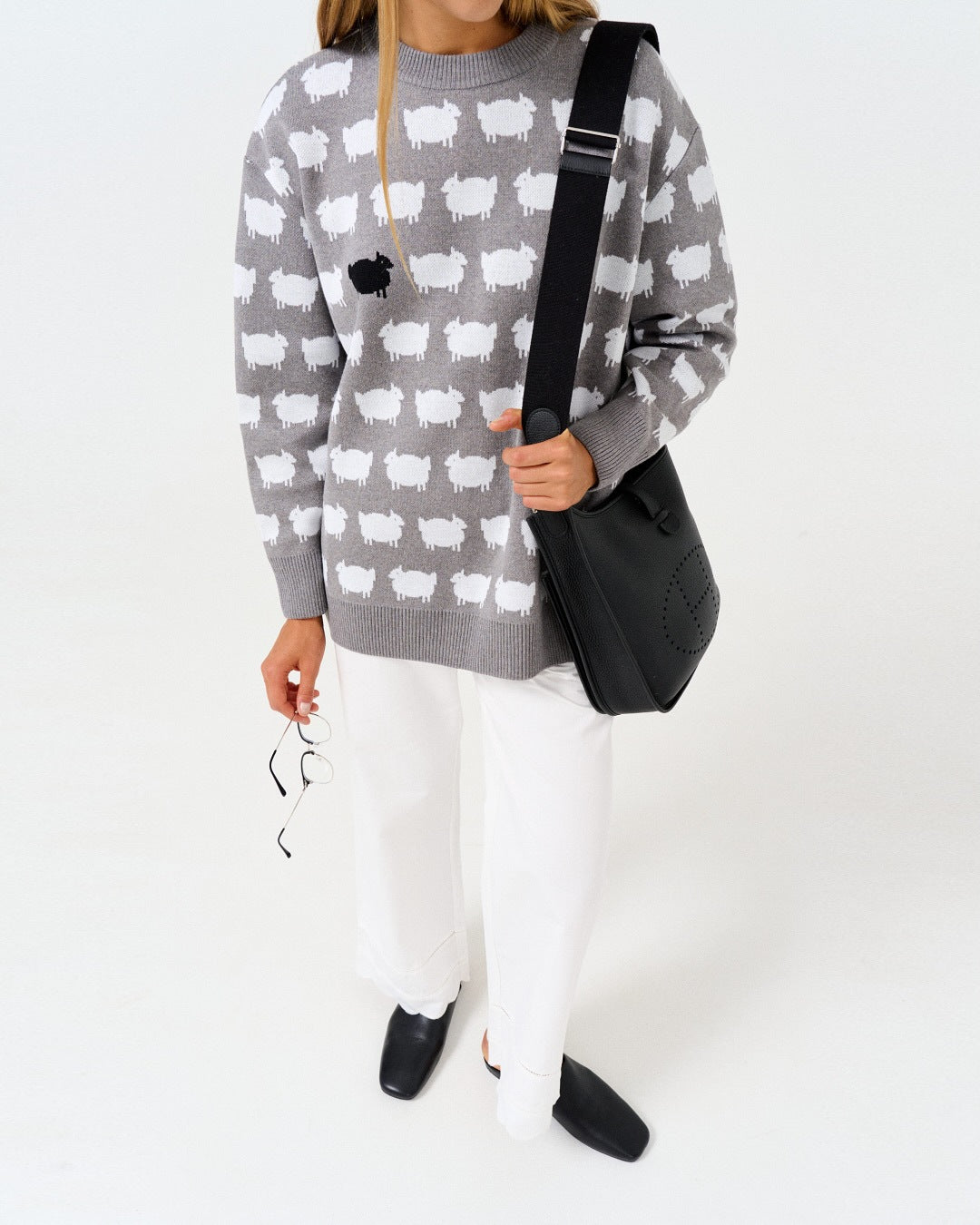 Sheep Sweater for Women — Oversized Crew Neck Knit Pullover in Soft Wool