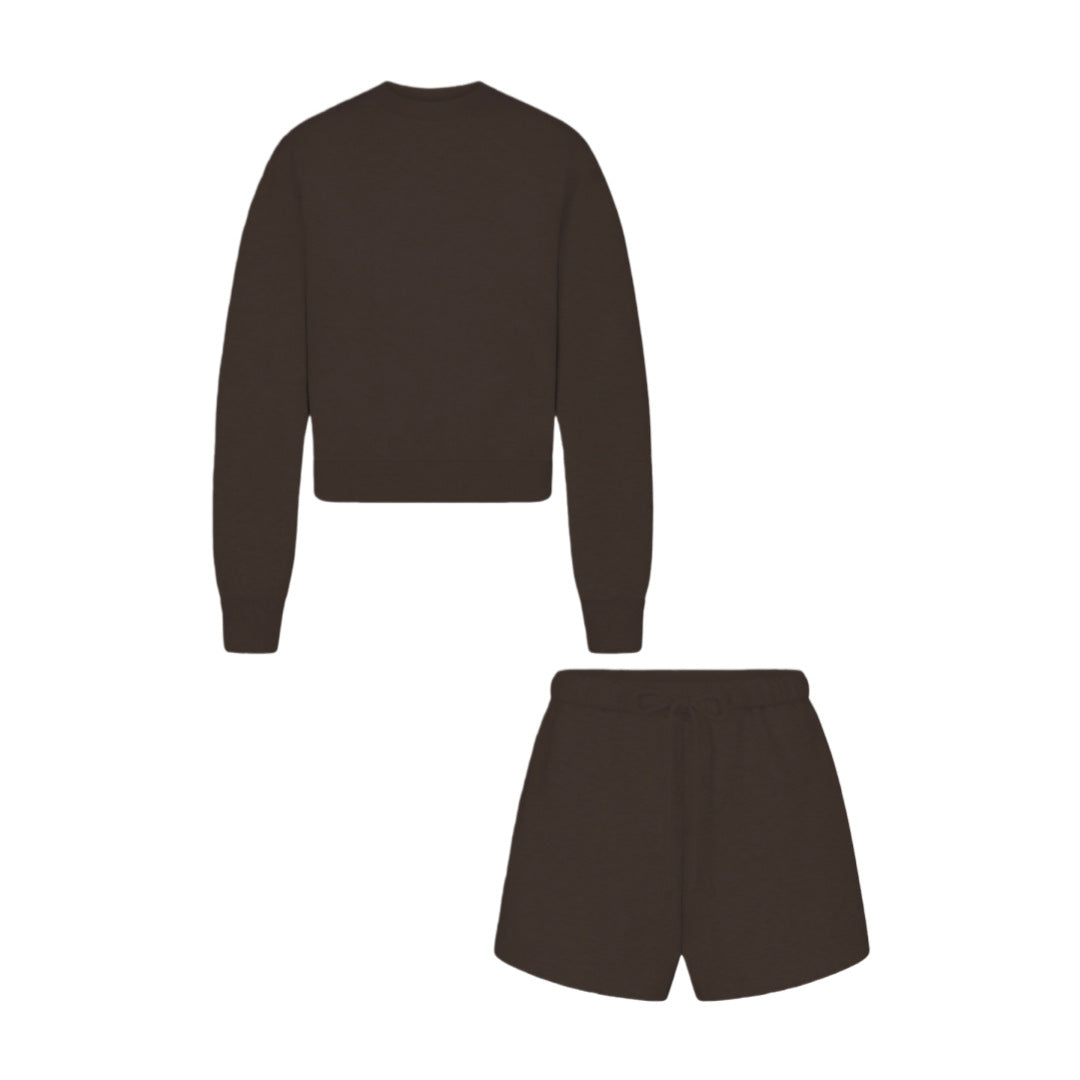 Women’s dark brown two-piece set: cropped sweatshirt and matching drawstring shorts.