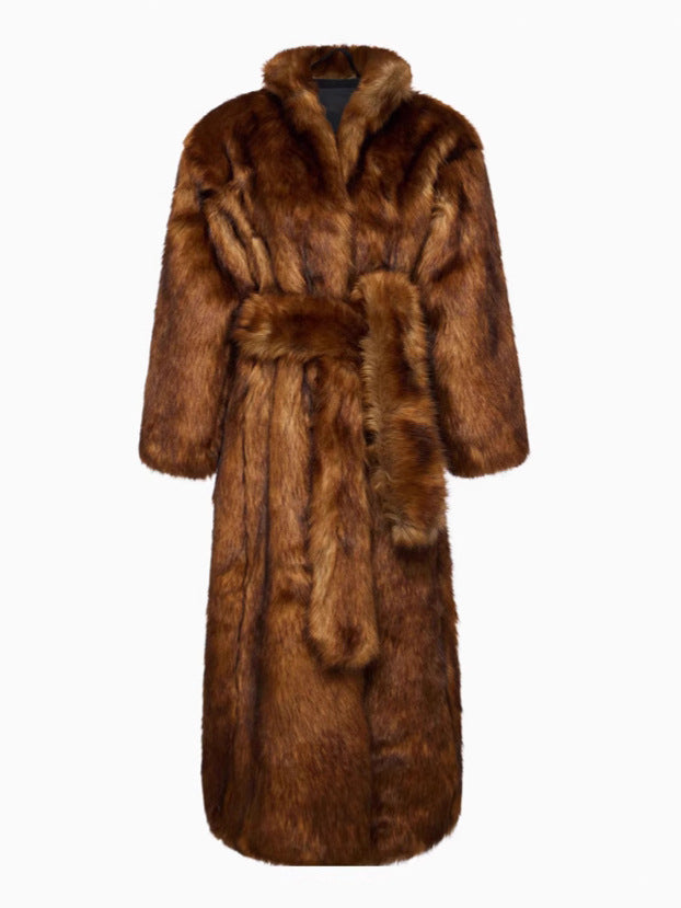 Dark brown faux fur long coat with hood, belted waist and button front