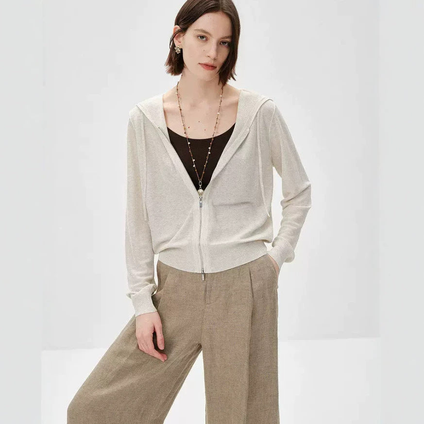 Light beige knit cardigan with V-neck and full front zipper