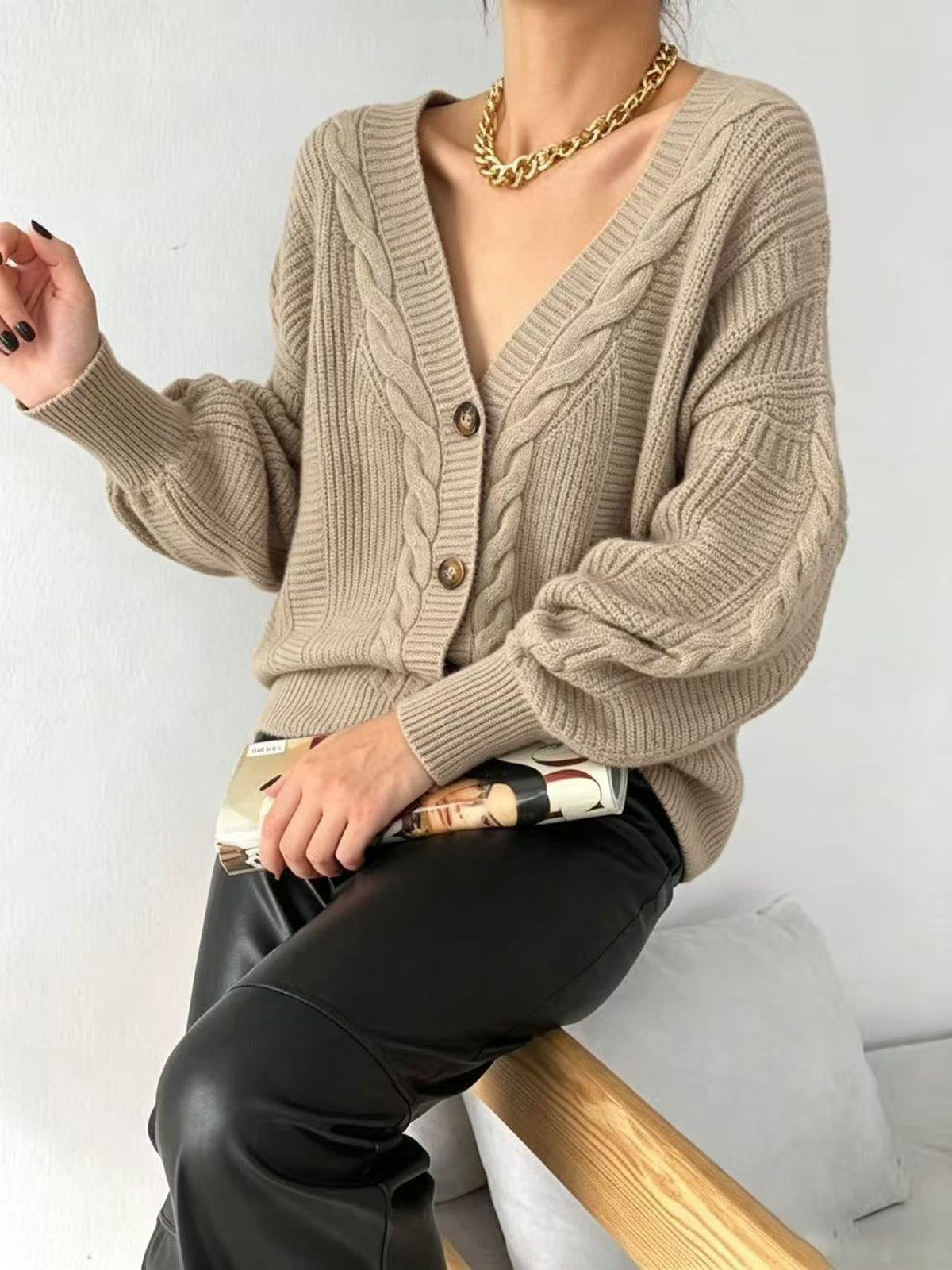 Oversized Cable Knit Cardigan for Women — Slouchy Drop Shoulder V Neck in Soft Wool