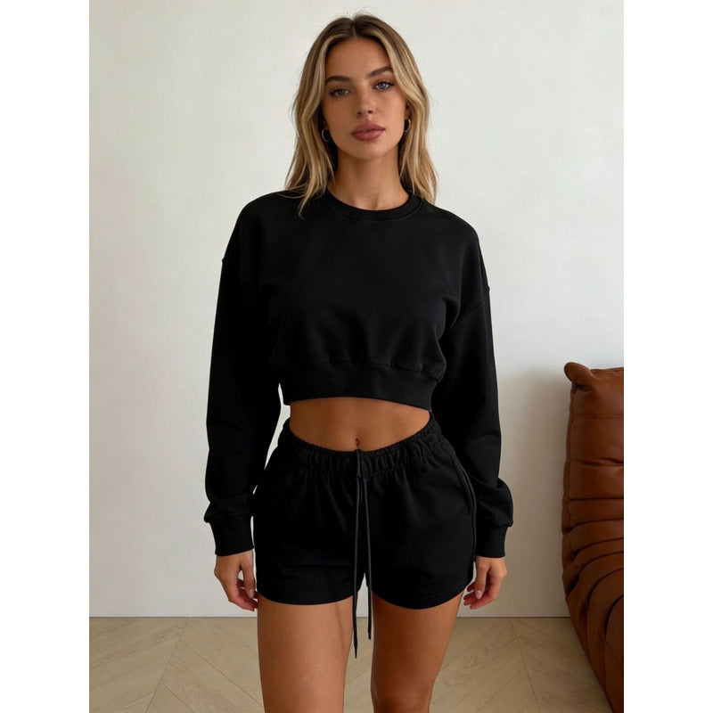 Sweatshirt and Shorts Set for Women — Cropped Crewneck Two Piece Lounge Set in Cotton Fleece