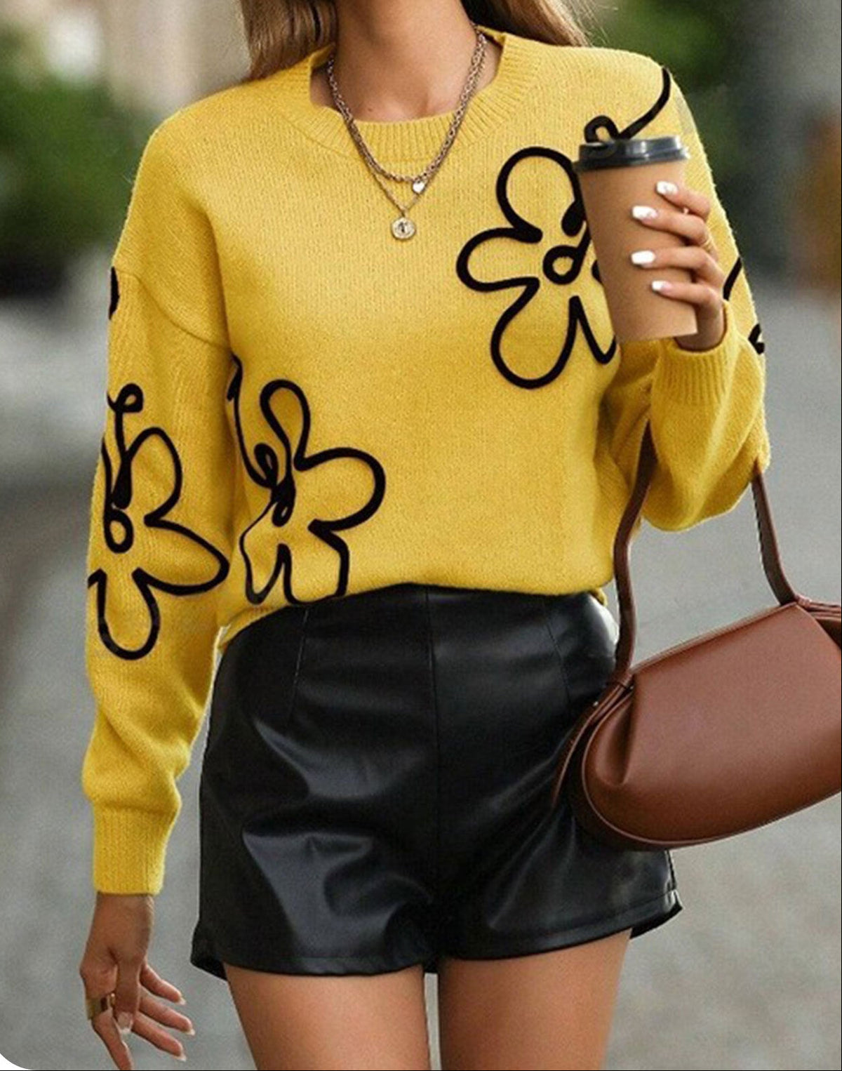 Floral Knit Sweater for Women — Crew Neck Flower Jacquard Pullover in Soft Wool