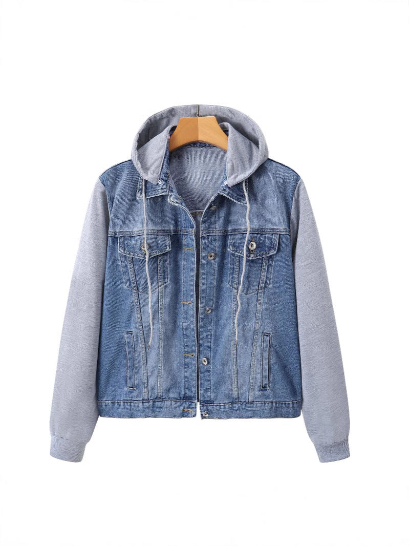 Women’s blue denim hooded jacket with gray sleeves, button front, chest pockets
