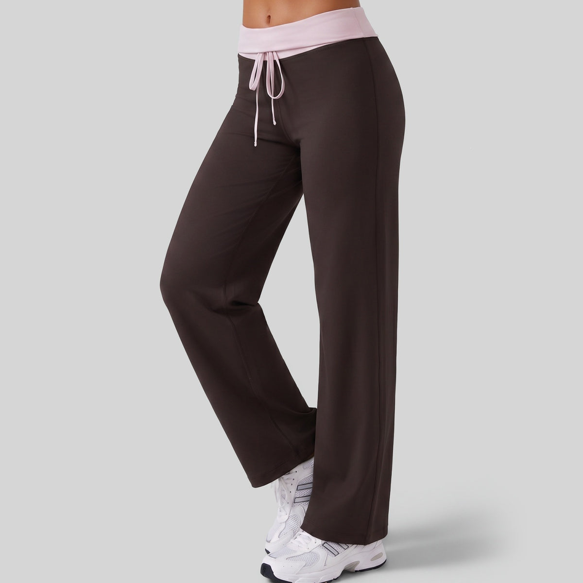 Women's loose drawstring straight pants, dark brown, elastic waist, wide leg
