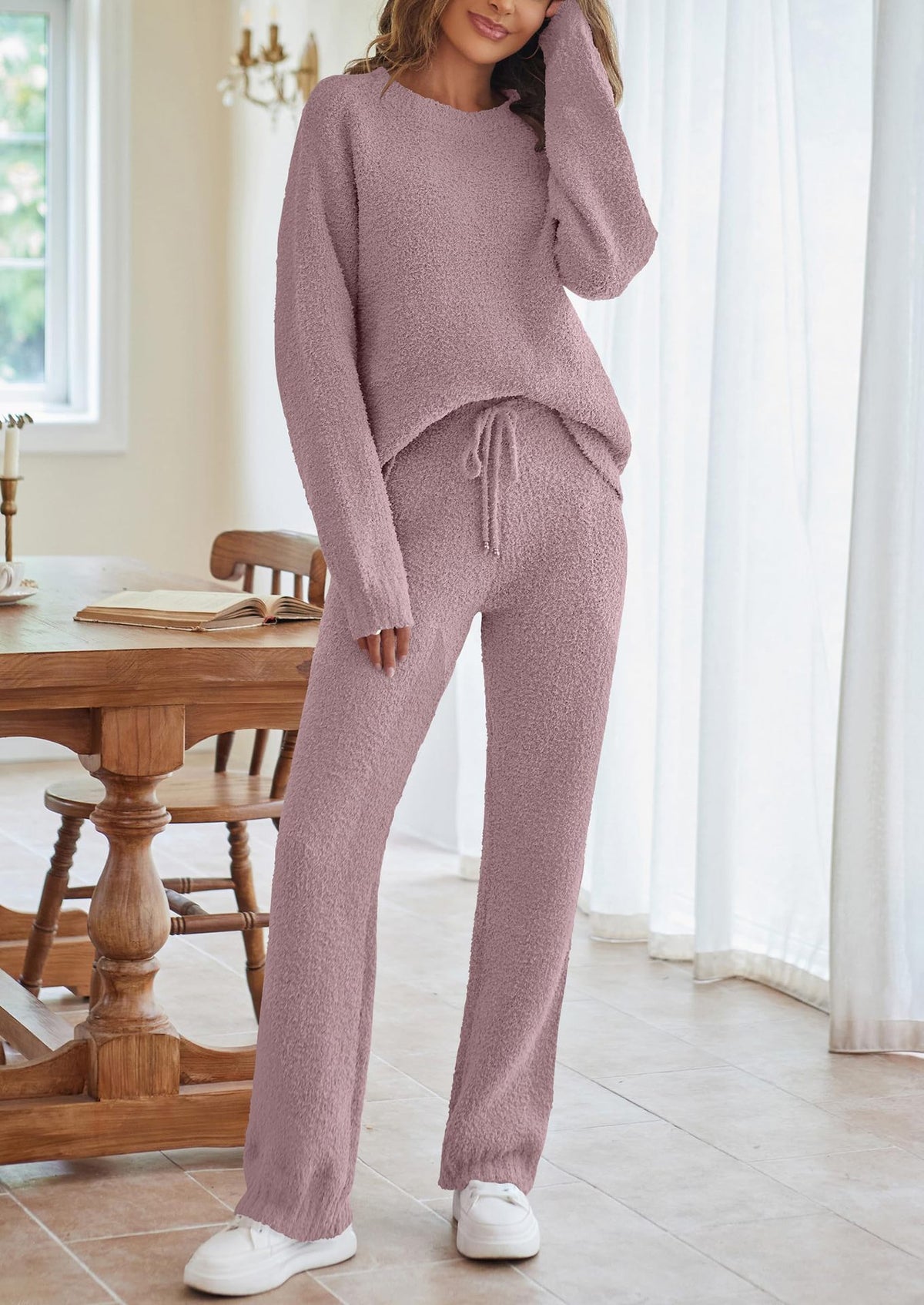 Mauve knit lounge set with long sleeves, round neck top, and drawstring wide-leg pants