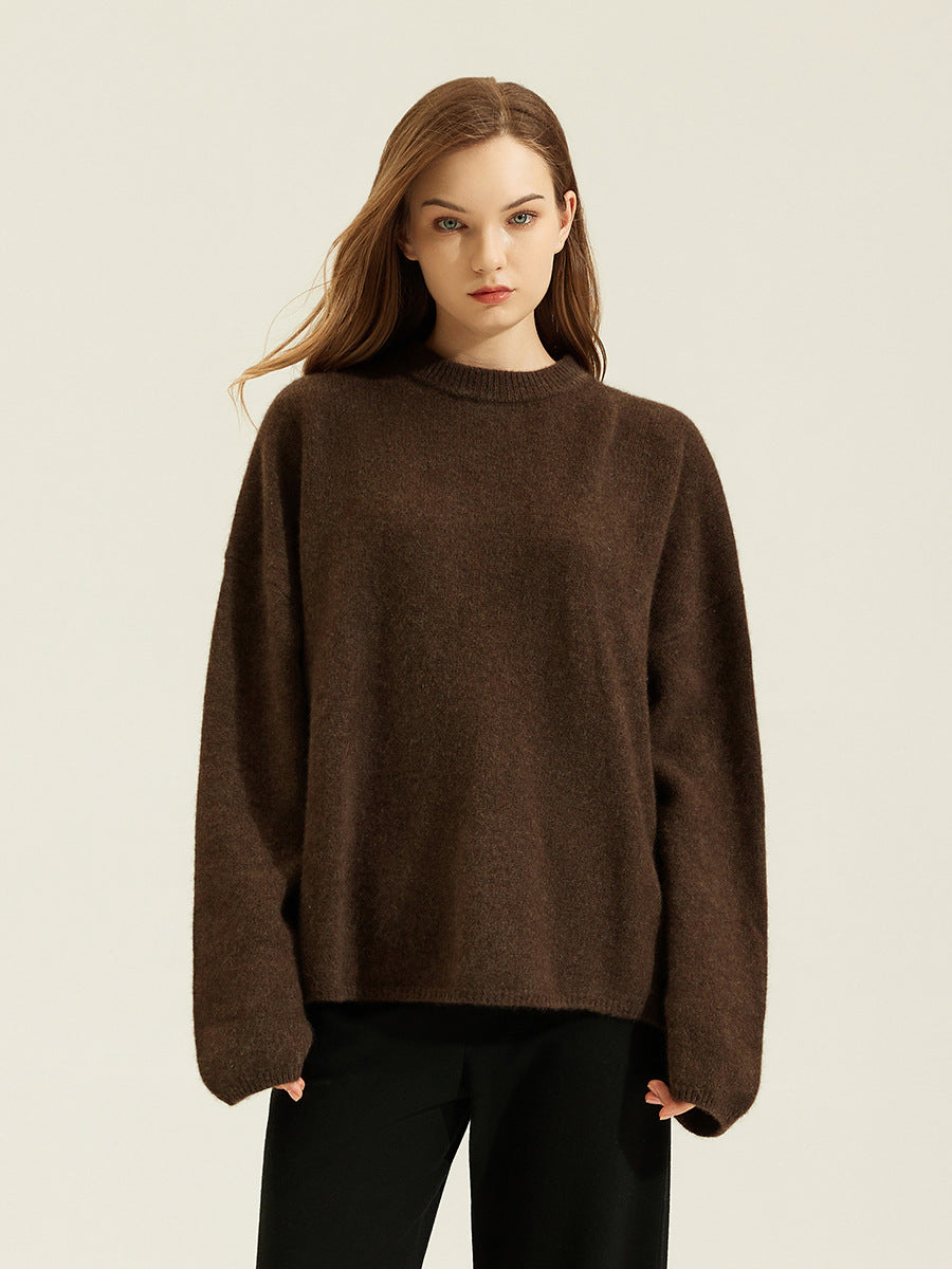 Brown women's loose knit pullover with crew round neck and roomy long sleeves